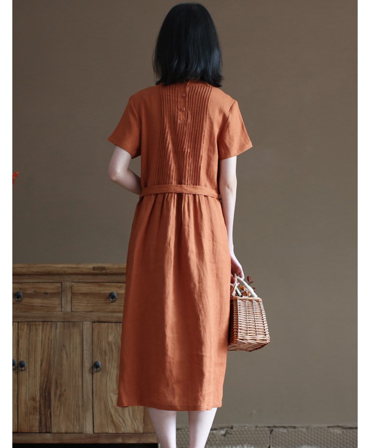 Hình ảnh Đầm linen suông thiết kế , Đầm váy nữ dáng dài cổ tròn, ngắn tay eo có dây thắt Haint Boutique Da191