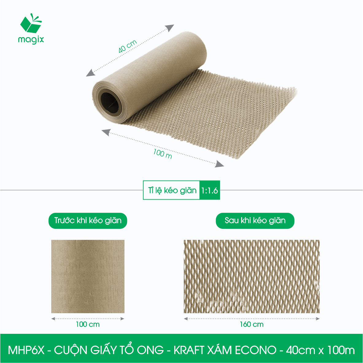 MHP6X - 40cm x 100m - Cuộn giấy tổ ong chống sốc - Kraft xám Siêu Tiết Kiệm ECONO