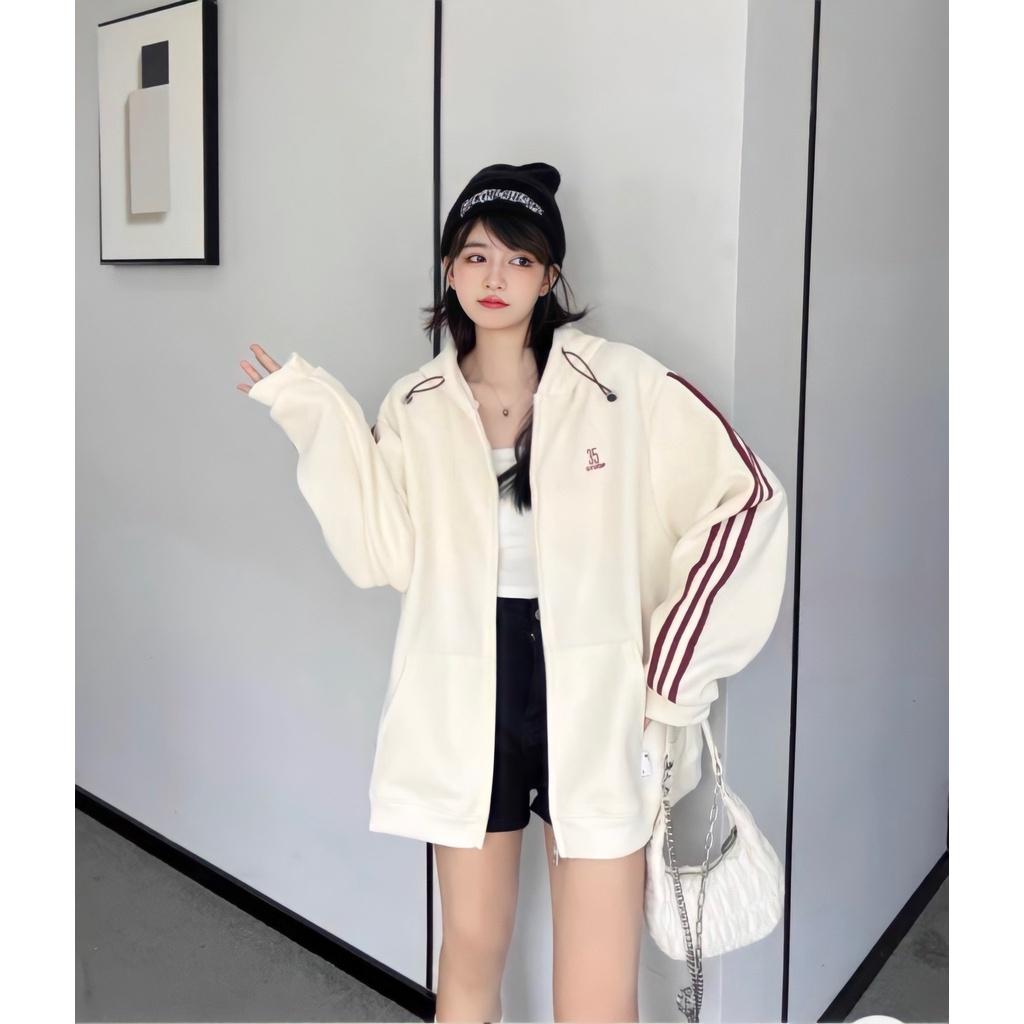 Áo Khoác Nỉ Nam Nữ Unisex Mũ Dây Rút Chạy Sọc