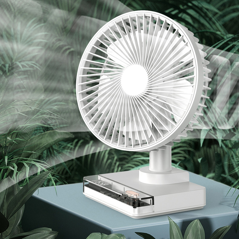 Quạt tích điện để bàn trong suốt kèm đồng hồ hiện giờ Desktop Fan DF-11 xoay đảo chiều 4 tốc độ gió