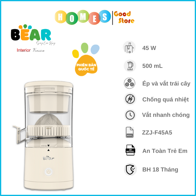 Máy Vắt Cam Tự Động 100% BEAR ZZJ-F45A5 Dung Tích 0.5 Lít Công Suất 45 W- Hàng Chính Hãng