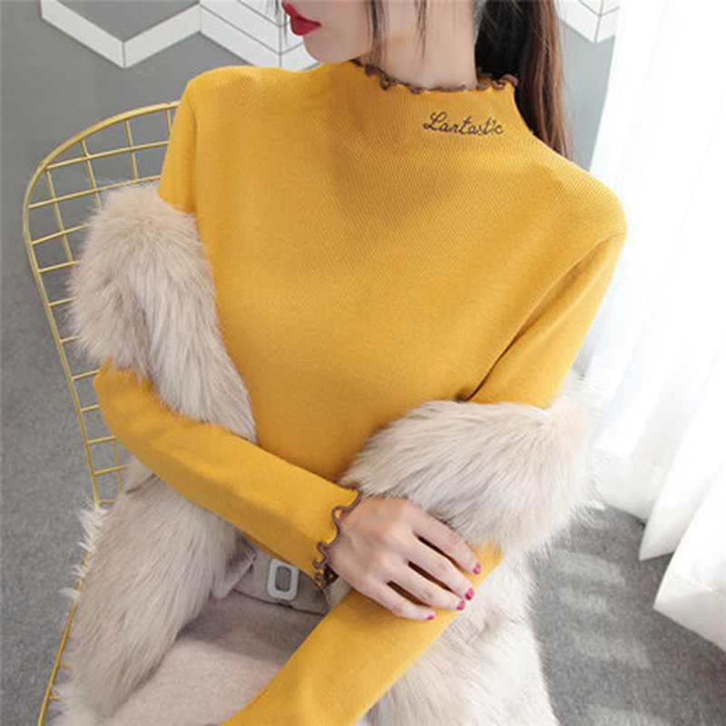 Fashion Women Winter Knitted Ruched Sweater Solid Color Turtleneck Long Sleeve Letters Slim Casual Pullover Knitwear