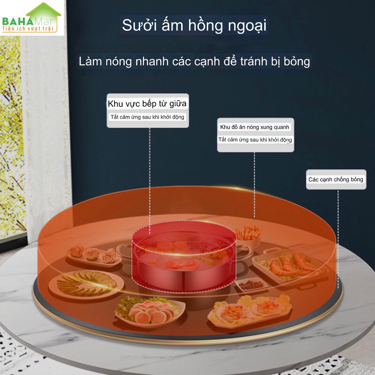 MÂM 68CM GIỮ ẤM MÓN ĂN SUỐT BỮA VÀ TÍCH HỢP KÈM BẾP NẤU LẨU Ở GIỮA CÓ THỂ XOAY TRÒN "BAHAMAR" Có thể làm chủ nhiệt độ theo ý bởi hệ thống điều khiển cảm ứng