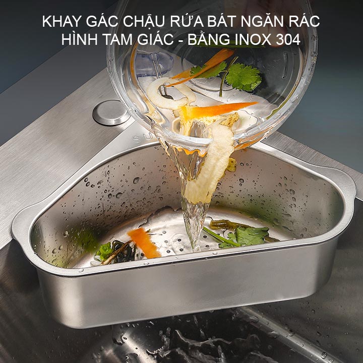 Giỏ lọc rác, để đồ đa năng gác chậu rửa bát làm bằng inox 304 bền và an toàn, hình tam giác