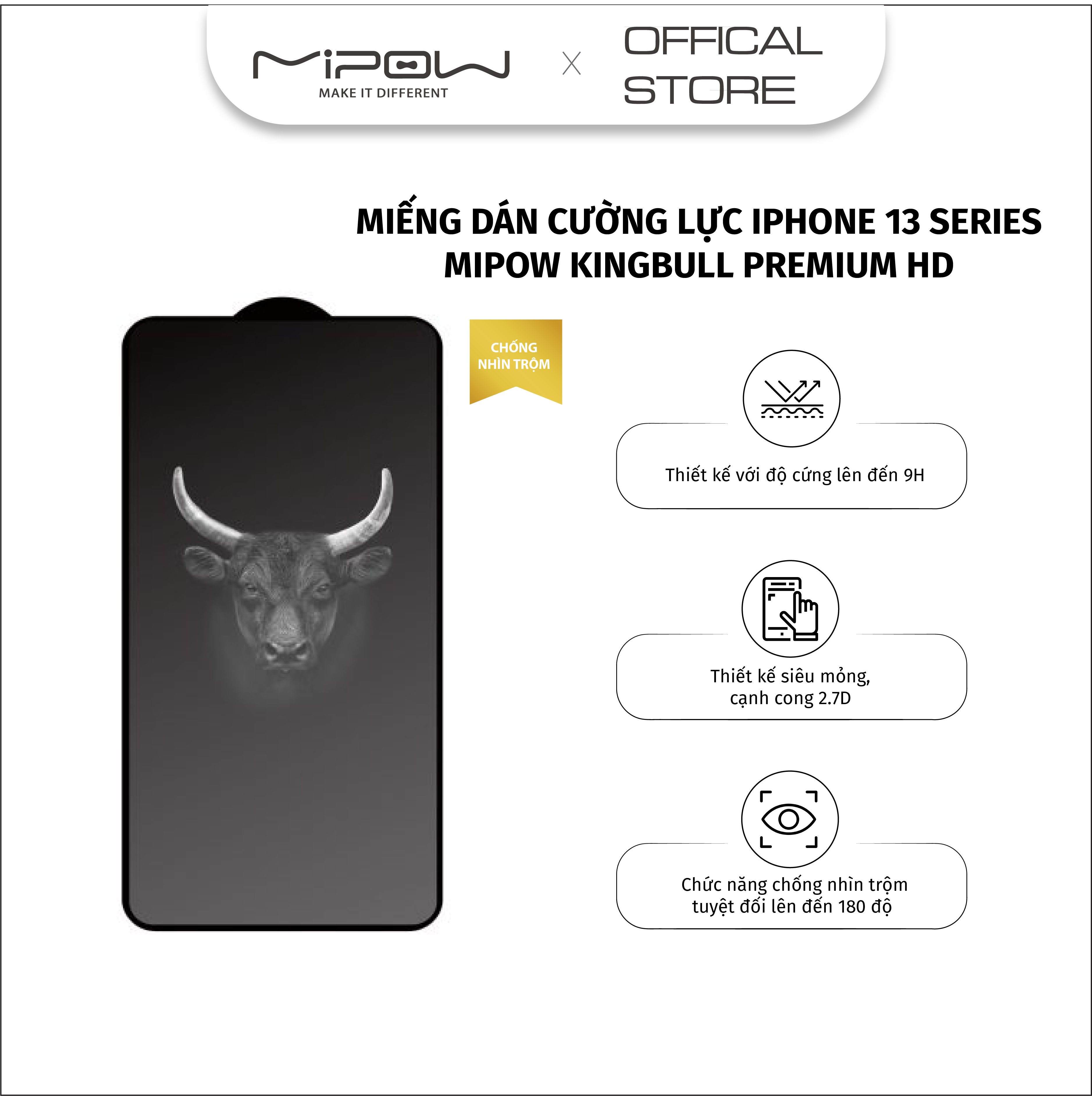 CƯỜNG LỰC CHỐNG NHÌN TRỘM MIPOW KINGBULL PREMIUM HD DÀNH CHO IPHONE 13/13PRO- BJ310- hàng chính hãng