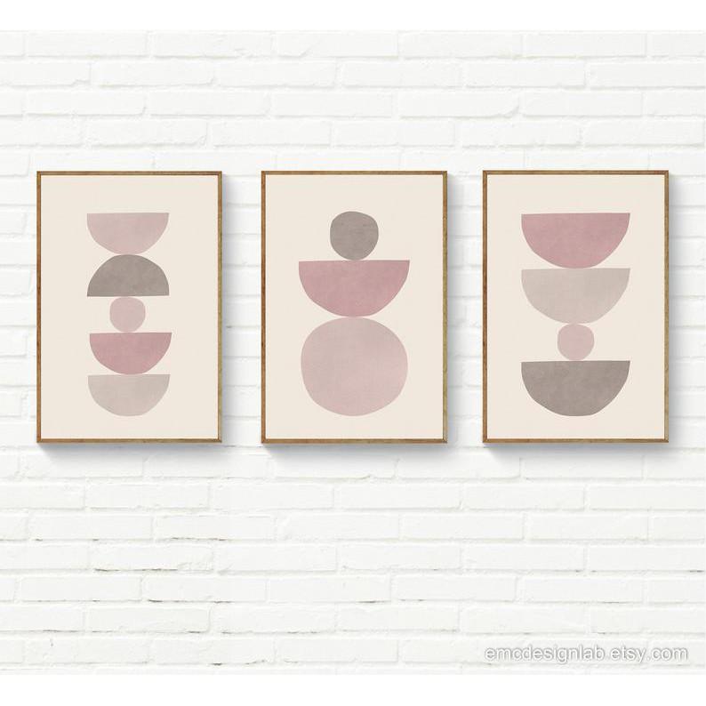 Tranh treo tường Bộ 3 tranh Pink Wall Art, Mauve Beige Pink Dark Blush Print Set, Half Moon