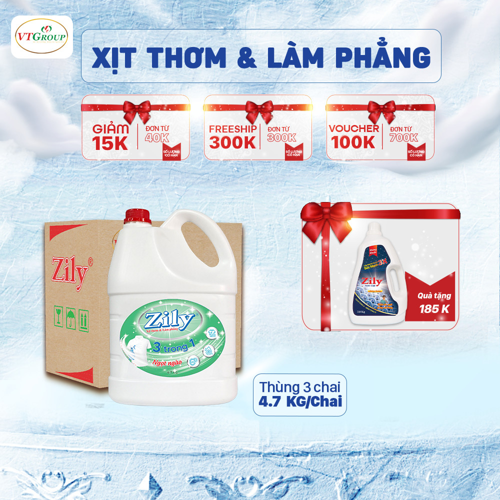 Xịt Thơm &amp; Làm Phẳng Quần Áo Zily 4.7 Kg (3 Chai/Thùng) - Tặng 1 chai Nước giặt KH Zily 3.8Kg
