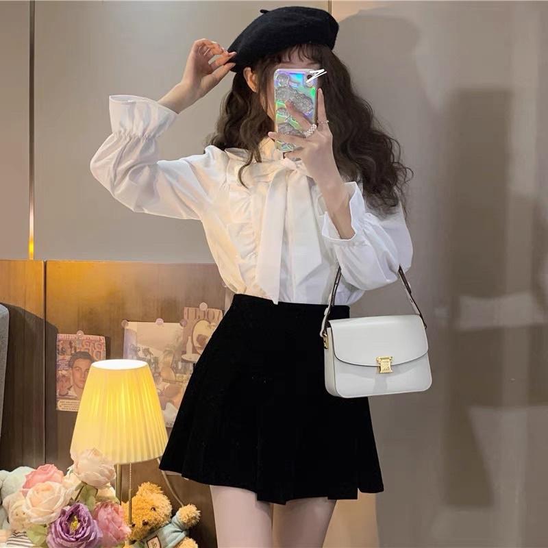 Áo Sơ Mi Nữ Voan Tơ Cổ Viền Bèo Phối Nơ Xinh