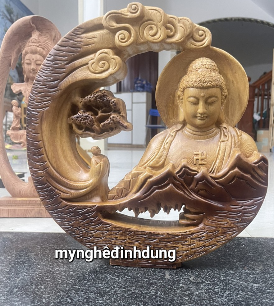 Tượng nhất tâm bái phật bằng gỗ ngọc am thơm nức pu giả cổ kt 40x40x6cm