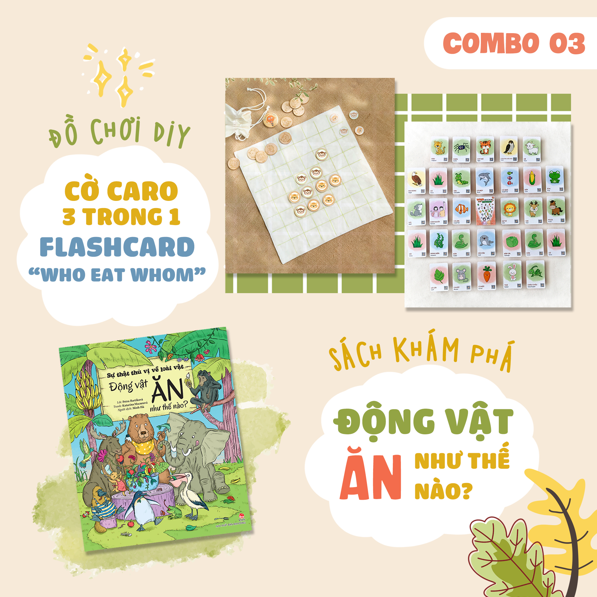 COMBO CỜ CARO 3 TRONG 1, FLASHCARD CON GÌ ĂN GÌ VÀ SÁCH “ĐỘNG VẬT ĂN NHƯ THẾ NÀO?”