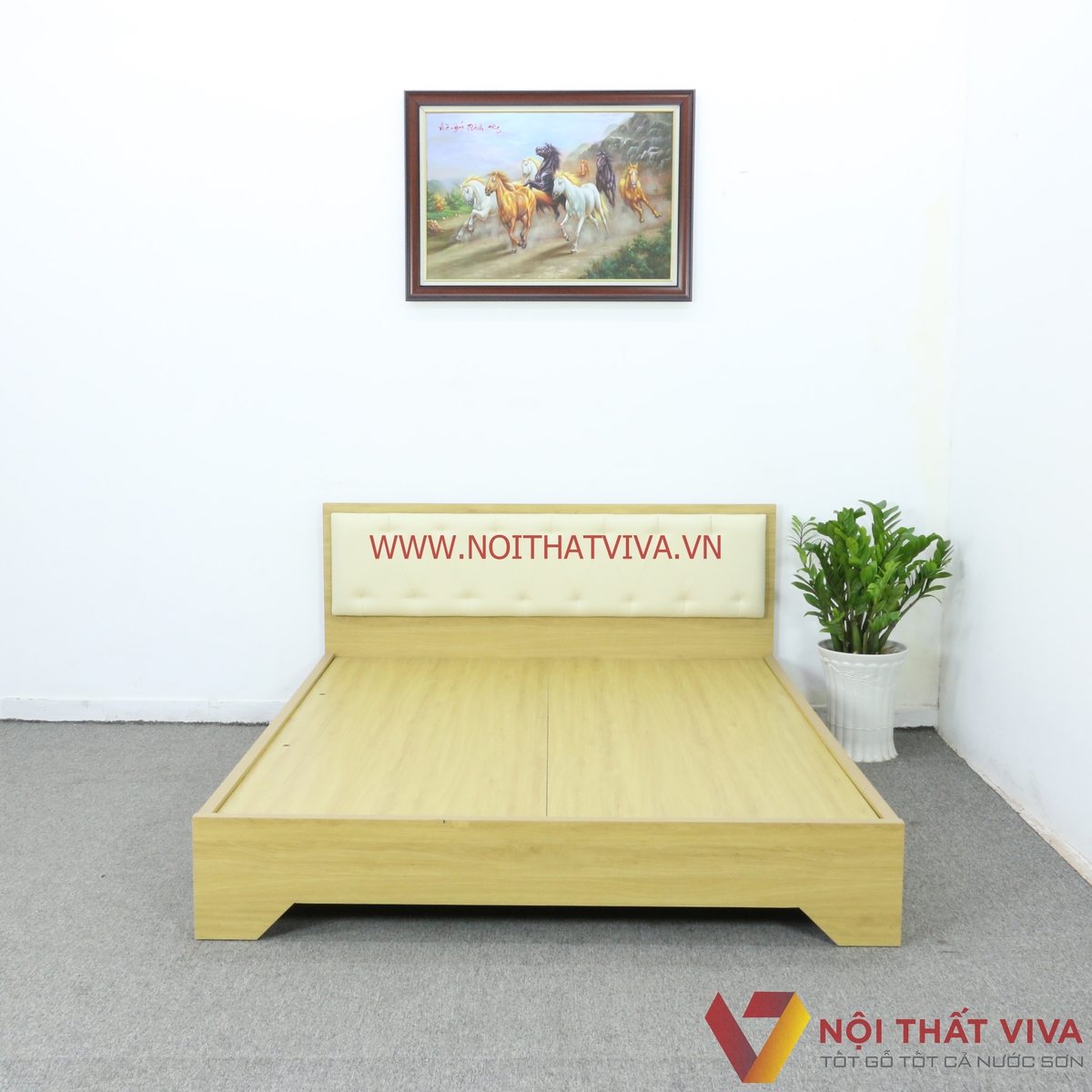 Giường Ngủ Gỗ Mdf Phủ Melamine Bọc Nệm Chân Cao Màu Kem