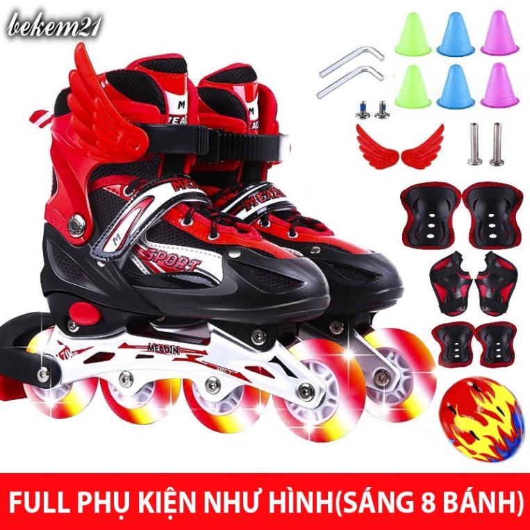 Giày Patin trẻ em Sport 2 lớp flash 8 bánh phát sáng,khung hợp kim, tặng FULL 20 món bảo hộ và phụ kiện