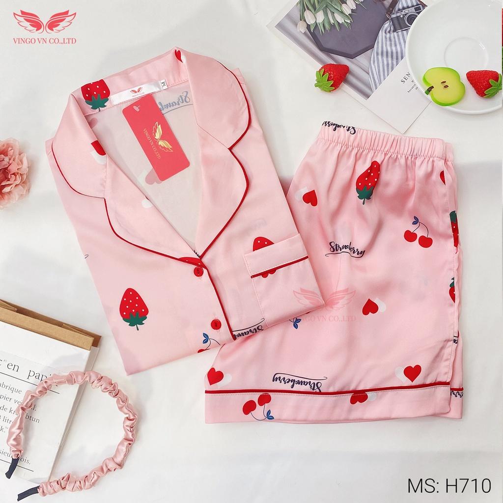 Đồ bộ nữ Pijama mặc nhà lụa Pháp cao cấp VINGO tay ngắn quần đùi cherry và dâu hồng dễ thương mặc mùa Hè mát H710 VNGO