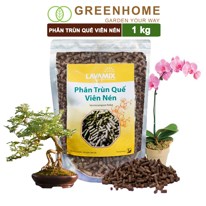 Phân Trùn Quế Viên Nén Greenhome, Lavamix, Bao 1kg, Dinh Dưỡng Hữu Cơ, Không Mùi, Tốt Cho Lan, Bonsai, Rau, Cây Ăn Trái