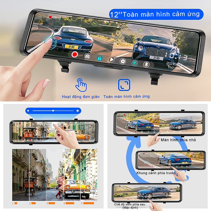 12 inch Màn hình cảm ứng IPS Máy ảnh ghi hình dạng gương chiếu hậu ô tô với điều khiển bằng giọng nói