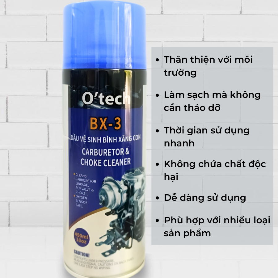 Bình xịt tẩy rửa dầu nhớt, vệ sinh bình xăng con O'TECH BX-3 (450ml) carburetor & choke cleaner, carbon cleaner