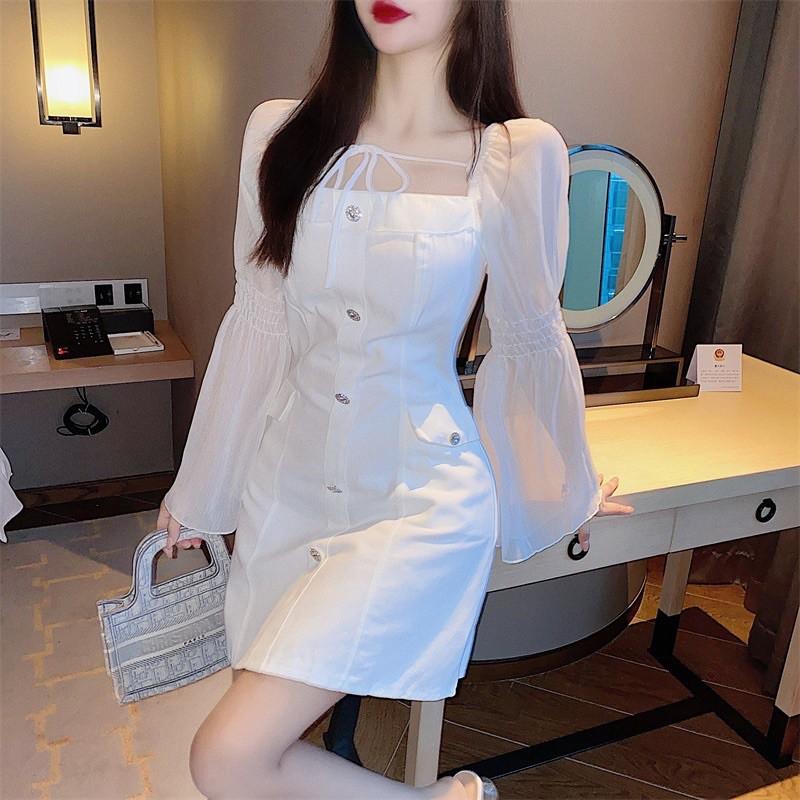 Đầm tiểu thư đính ngọc mix tay áo voan 2021