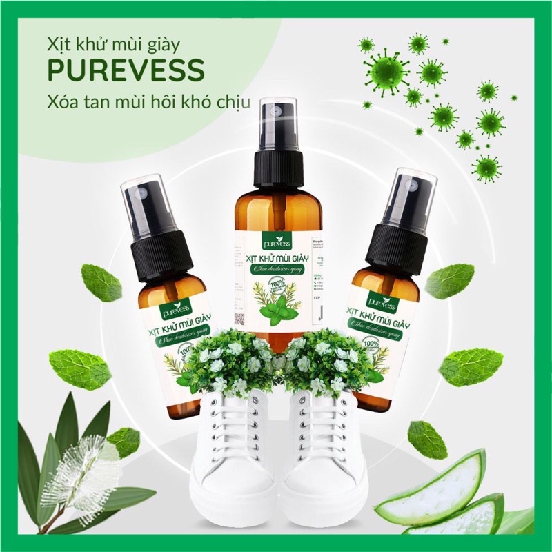 Xịt khử mùi giày Purevess tinh chất bạc hà the mát và tràm trà an toàn cho da