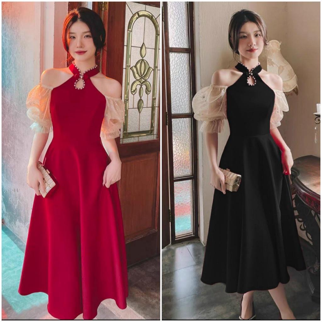Đầm xoè cổ yếm đính cườm tay phối lưới kim sa