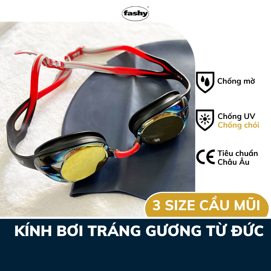 Kính bơi tráng gương Fashy nhập khẩu từ Đức, tiêu chuẩn chất lượng Châu Âu dòng “Power Mirror” kiểu dáng thời trang, chống mờ, chống tia UV dành cho người lớn, trẻ em nhiều độ tuổi Freesize