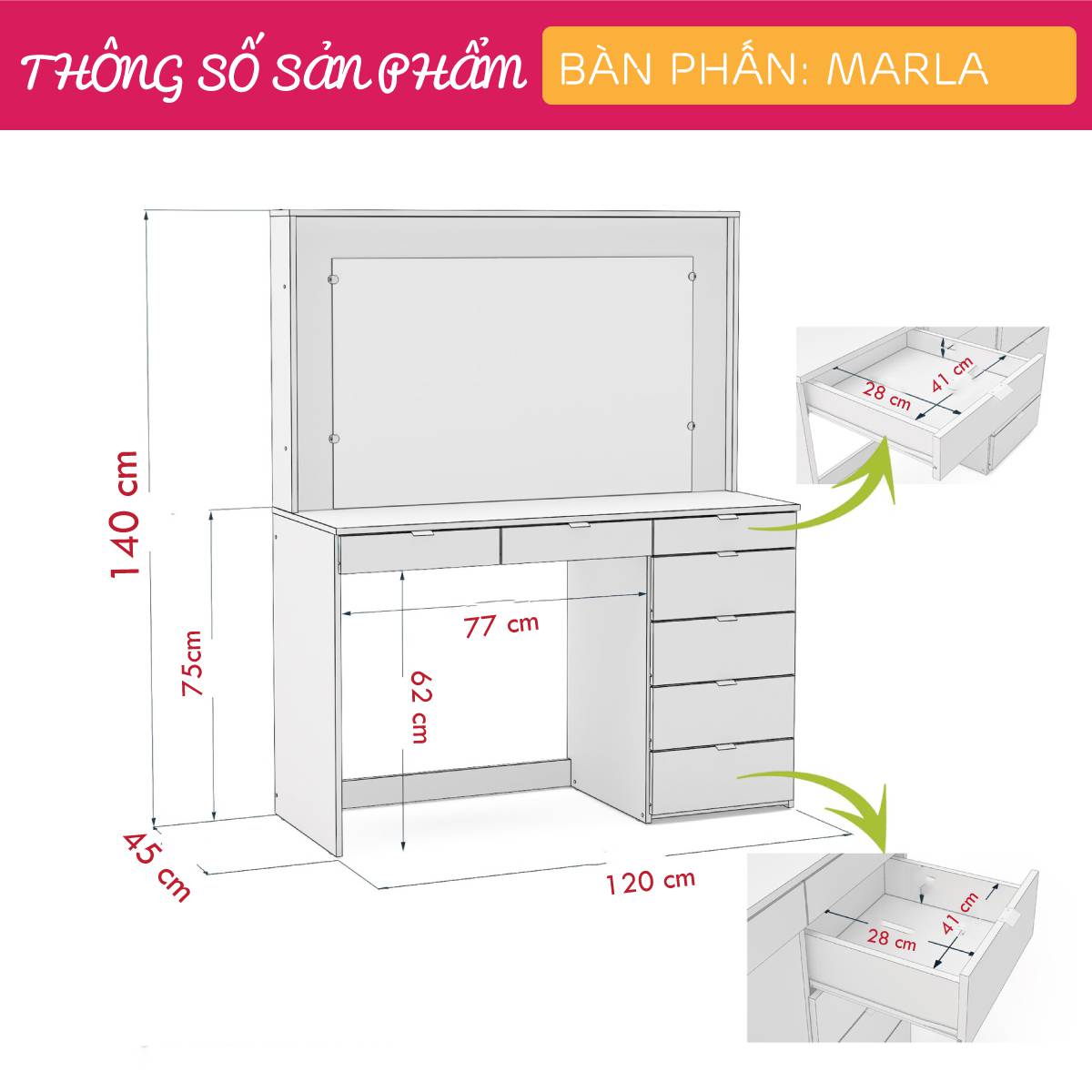 Bàn trang điểm gỗ hiện đại SMLIFE Marla | Gỗ MDF dày 17mm chống ẩm | D120xR45xC140cm