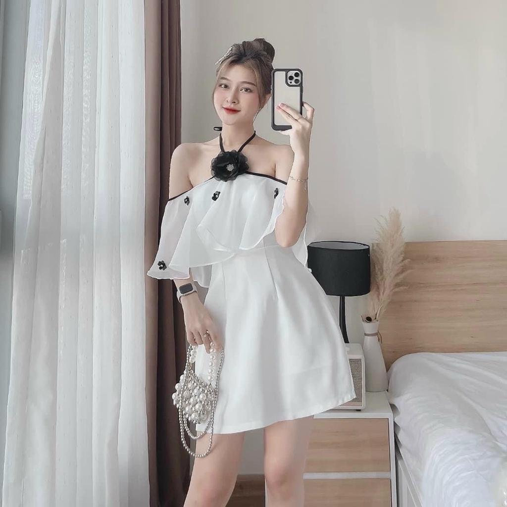 Đầm xoè viền phối bèo cổ cột nơ đính hoa