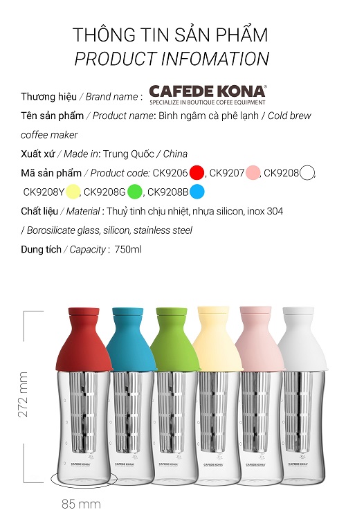 Bình chai ủ ngâm lạnh Cold brew cà phê, trà, Detox CAFE DE KONA