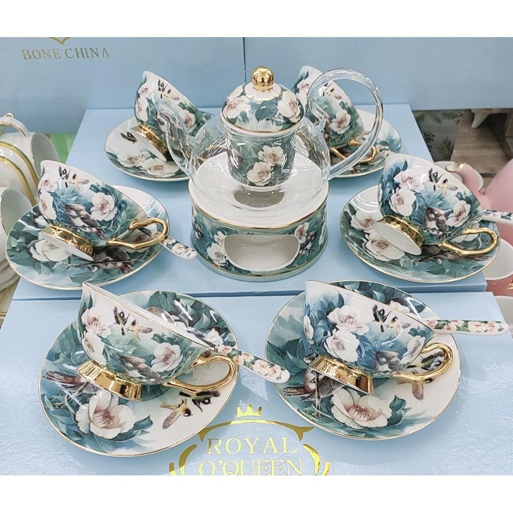 BỘ ẤM CHÉN SỨ XƯƠNG KÈM LÓT TÁCH + BẾP CHÂM TRÀ CHIM HOA XANH VIỀN VÀNG