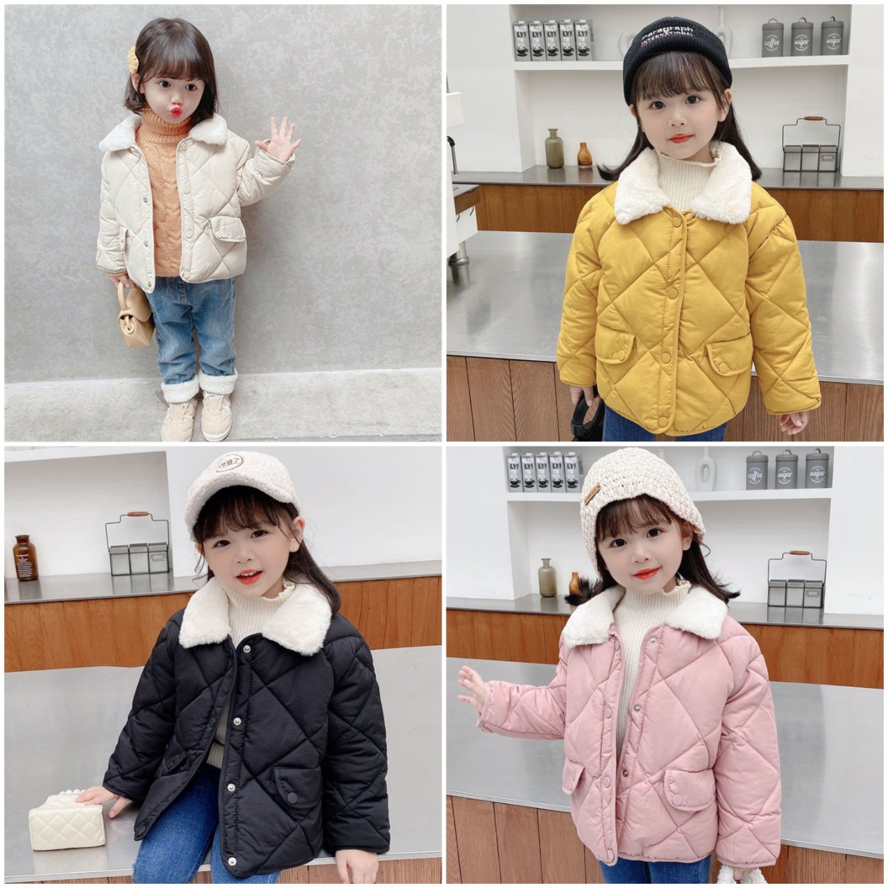 Áo khoác phao cho bé gái 2-7 tuổi cổ lông trần trám hàng Quảng Châu cao cấp