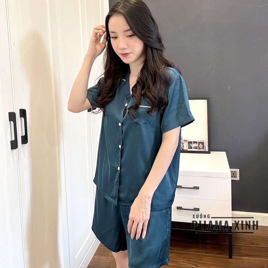 Bộ lụa Pijama Tay Ngắn Quần đùi và dài màu xanh cổ vịt - Hàng Chuẩn đẹp