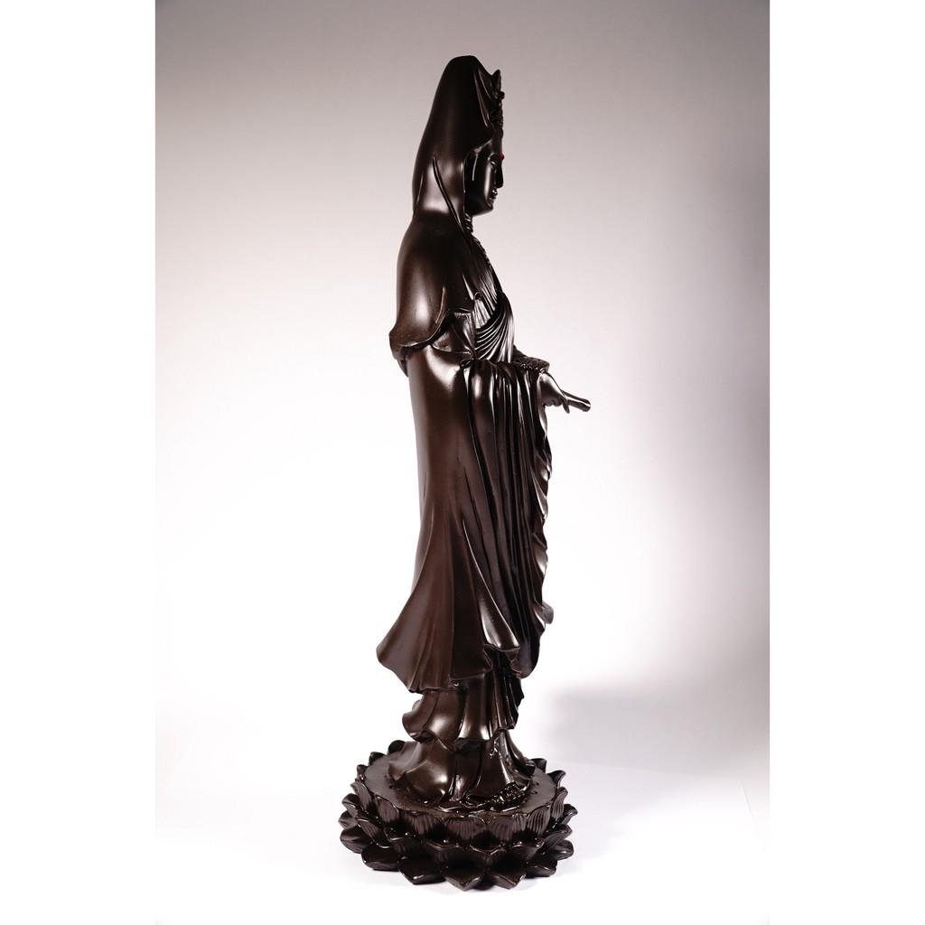 Tượng lớn phật Quan Thế Âm Bồ Tát đứng nguyên khối đế sen nâu đất - Cao 36cm