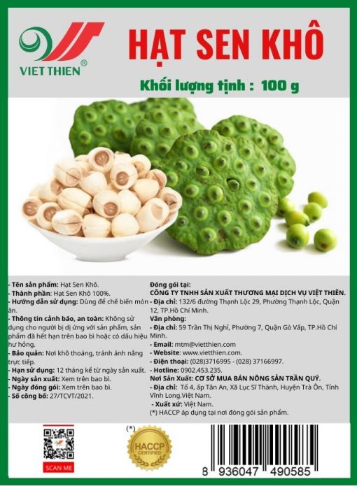 Hạt sen khô Việt Thiên 100g, nhà máy sản xuất và phân phối nông sản Việt Thiên, giá rẻ