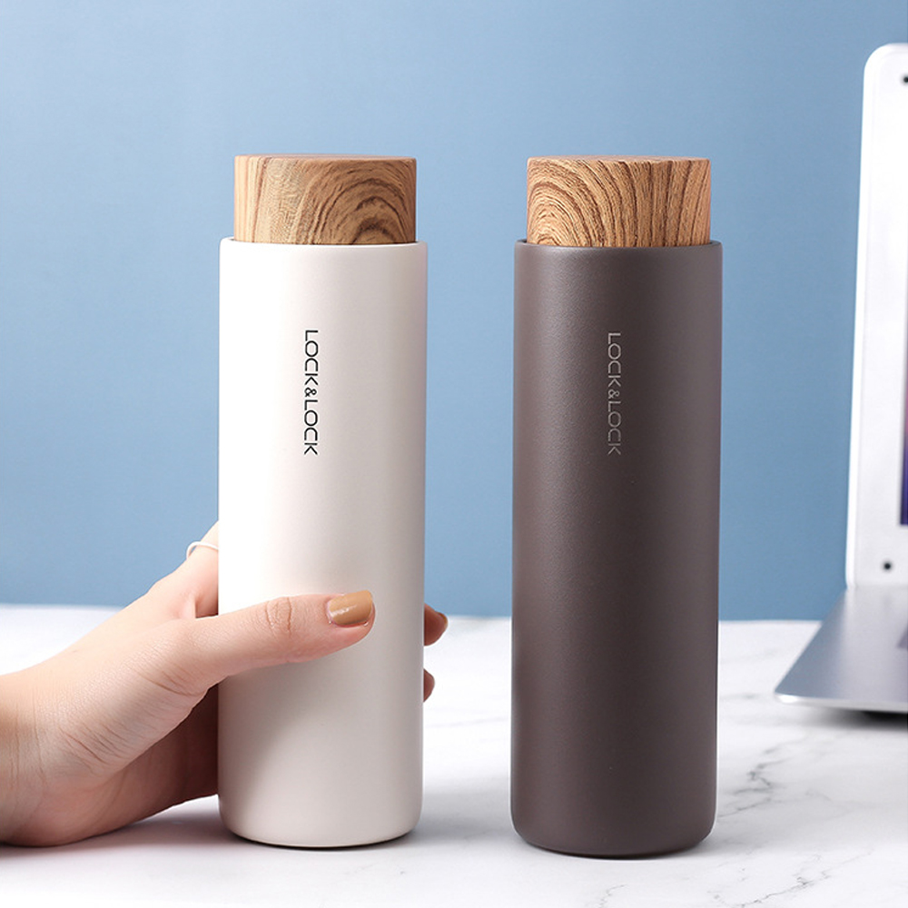 Bình giữ nhiệt Lock&amp;Lock Flat 400ml màu trắng LHC4227WHT - Hàng chính hãng, có khay lưới lọc trà, nắp nhựa kiểu gỗ - JoyMall