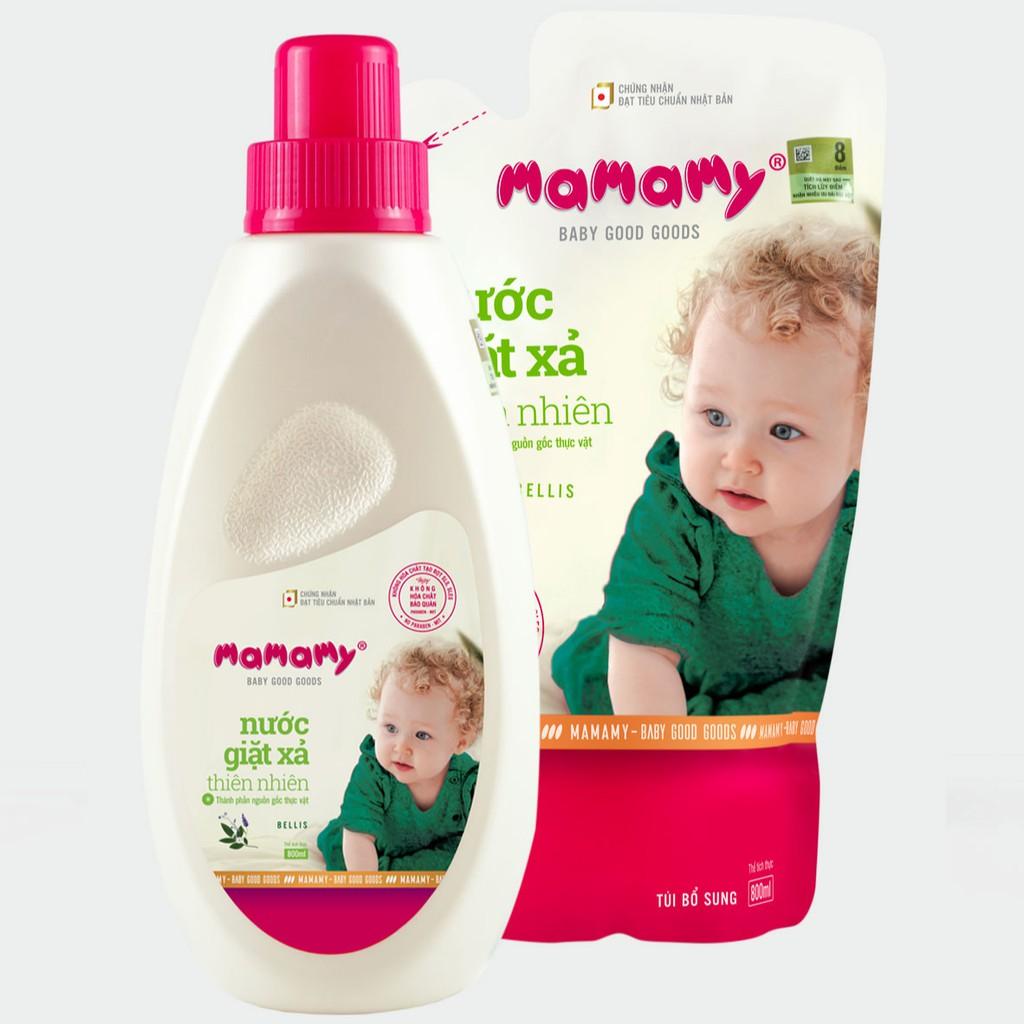 Combo 1 chai Nước giặt xả thiên nhiên Mamamy 800ml/chai, an toàn cho bé và 1 Túi bổ sung cùng dung tích hương Bellis