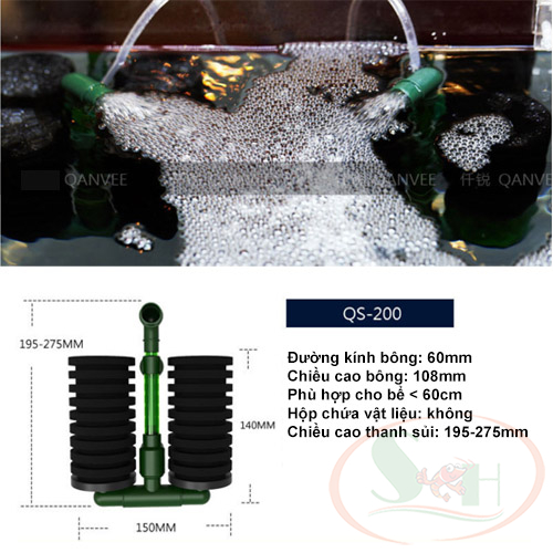 Lọc bio đôi Qanvee QS 100, 200, 100A, 200A lọc sủi vi sinh kèm hộp chứa vật liệu lọc bể cá tép