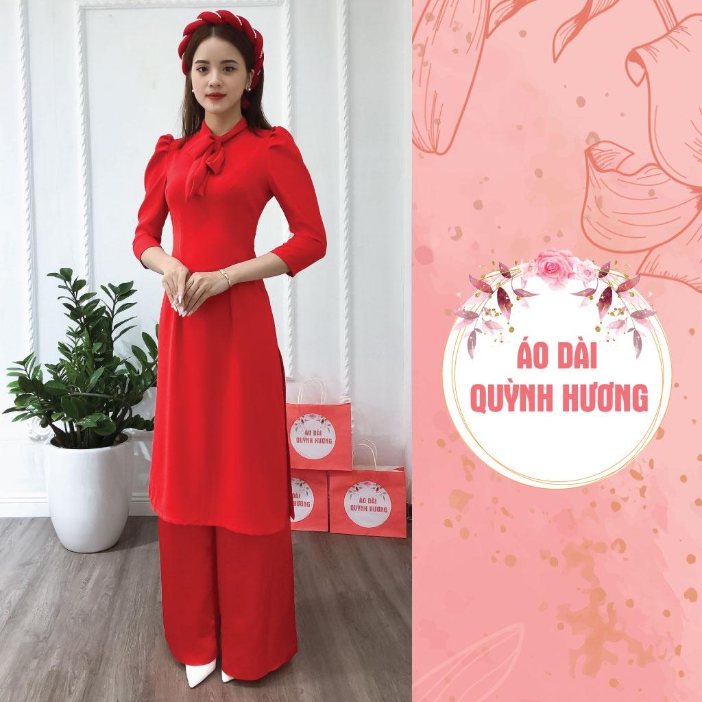 Áo dài lụa đỏ cách tân buộc nơ, áo dài lụa mỹ 2 tà