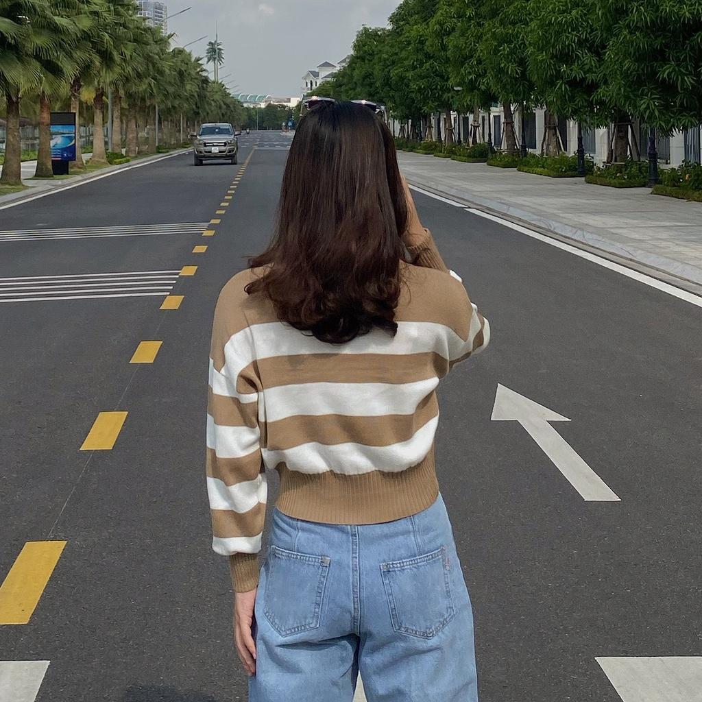 Áo len dài tay cổ polo kẻ ngang, dáng ngắn ulzzang - Made by Fiin (có video cận chất)
