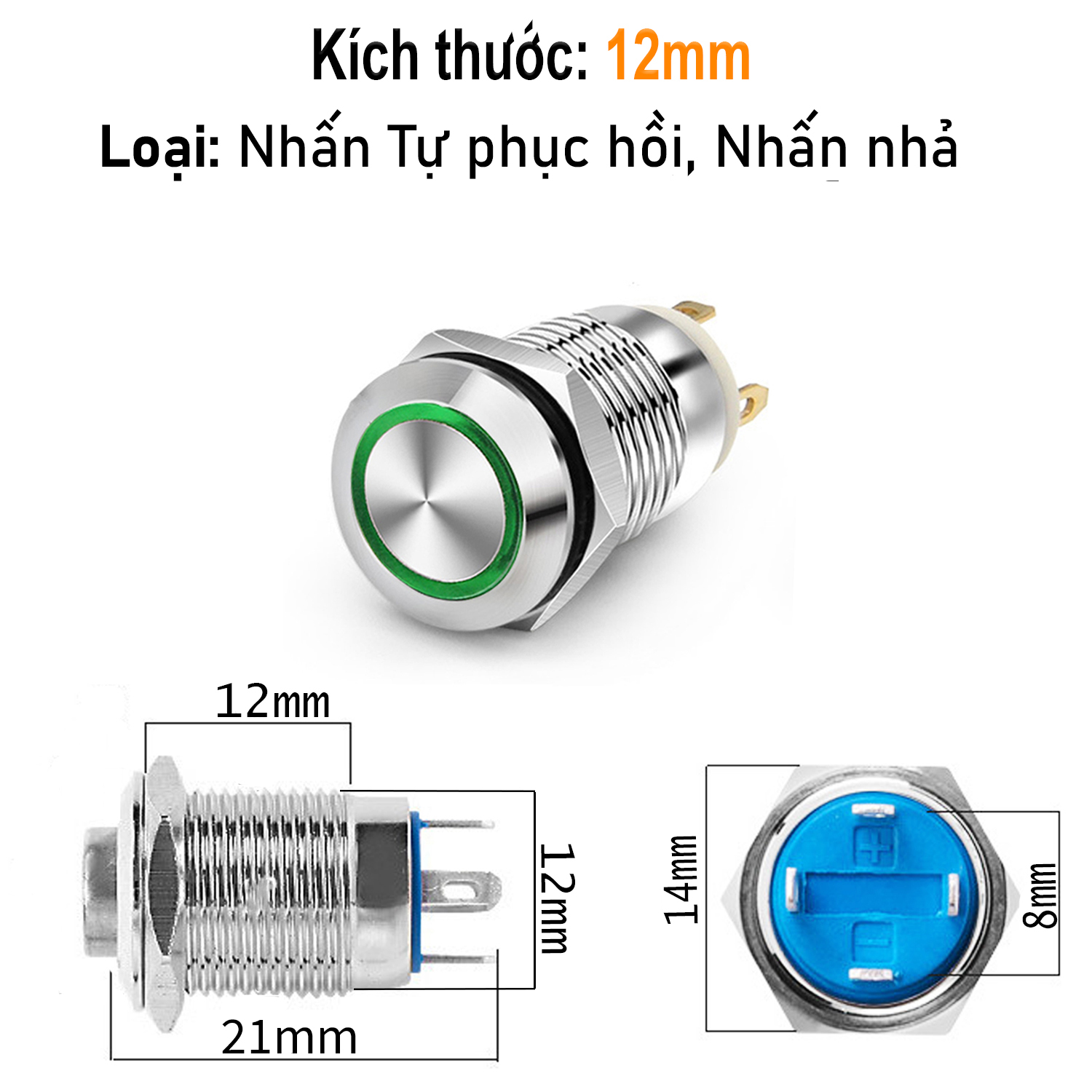 Nút nguồn nhấn nhả, Nút công tắc nhấn Tự phục hồi 12mm (3V-6V, 12V-24V, 110-220V)