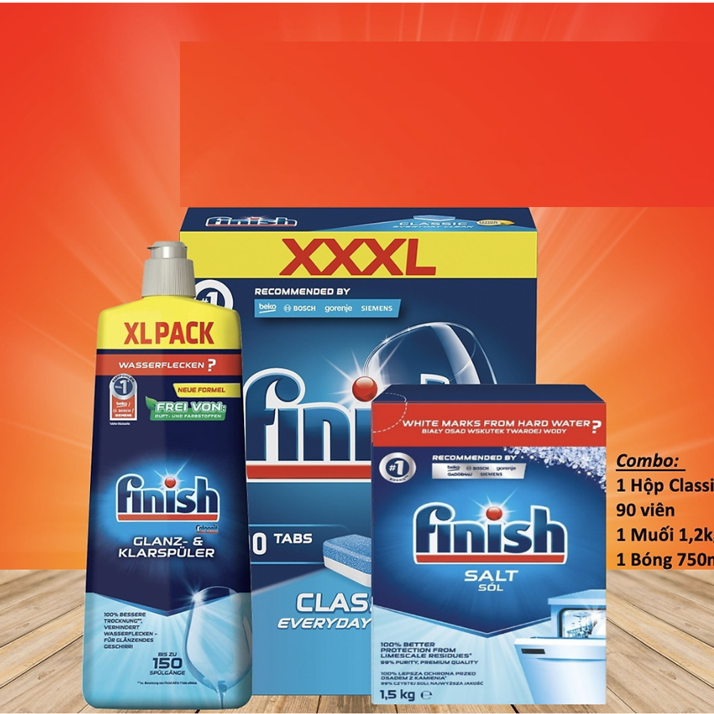 Combo viên rửa bát finish 90 viên + nước làm bóng finish 750ml + muối rửa chén finish 1,5kg