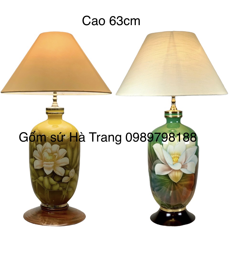 Đèn ngủ đèn decor gốm sứ Bát Tràng cao cấp vẽ 3D hoạ tiết sen phú quý