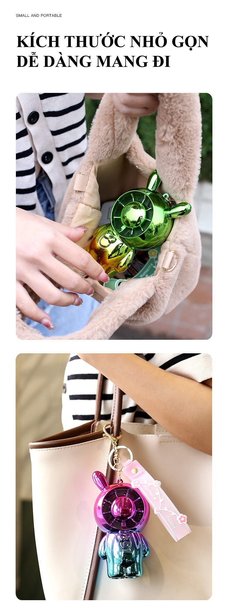 Quạt mini cầm tay kèm theo móc treo tiện lợi với thiết kế dễ thương nhỏ gọn có 2 mức độ gió siêu mát
