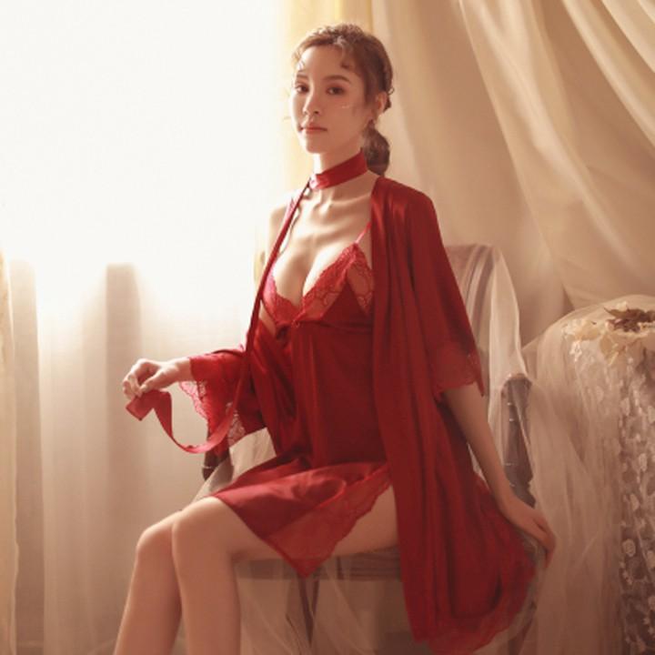 Áo choàng kimono lụa phối ren tinh tế hàng nhập cao cấp