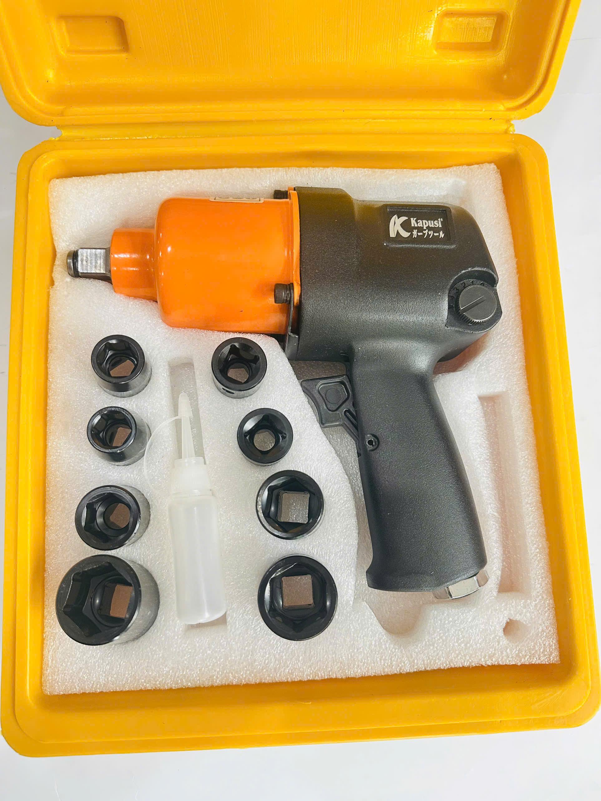 Máy siết bulong 2 búa khí nén hệ 1/2 inch hộp kèm 10 đầu khẩu hãng KAPUSI TOOLS Nhật Bản, lực siết max 1000Nm