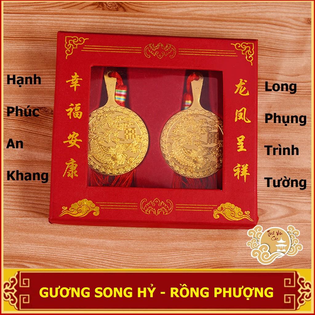 Gương cầm tay phong cách cổ trang, quà tặng tân nương, Song Hỷ Rồng Phượng - Shop TĨNH VÂN CÁC