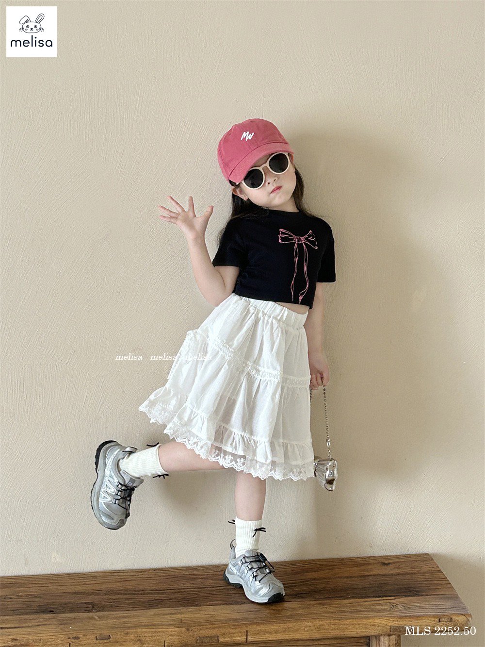[Từ 1 đến 12 tuổi] Sét áo cotton đen in nơ 3D mix chân váy (kèm quần) chất thô cotton dệt bé gái đến 45kg