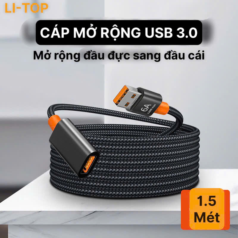 Cáp mở rộng USB 3.0, 2.0 hiệu Li-Top nối dài đầu đực sang đầu cái, dây bện dài 1.5 mét, hàng chính hãng