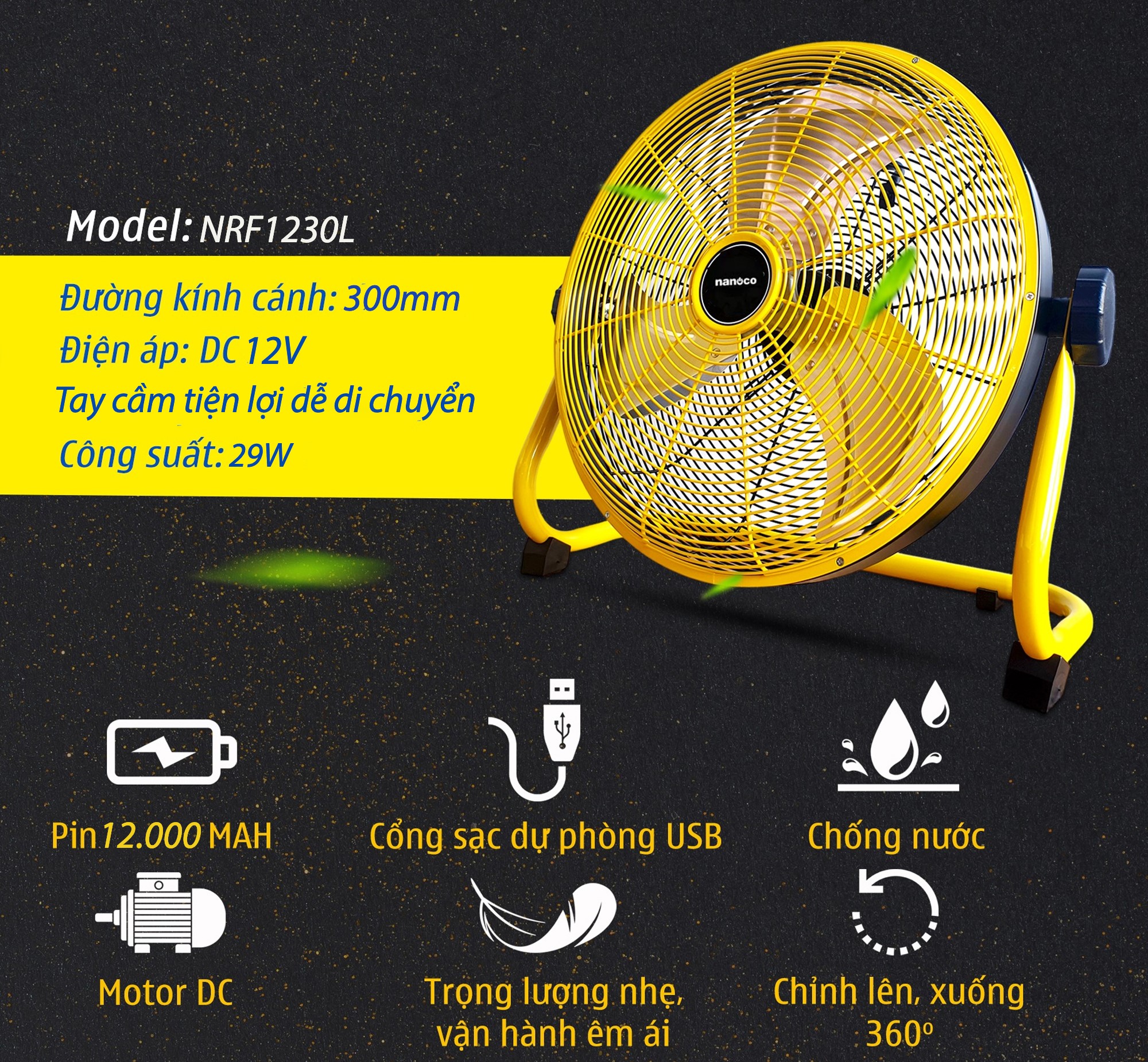 Quạt sạc sàn Nanoco, màu vàng, NRF1640L - Hàng chính hãng