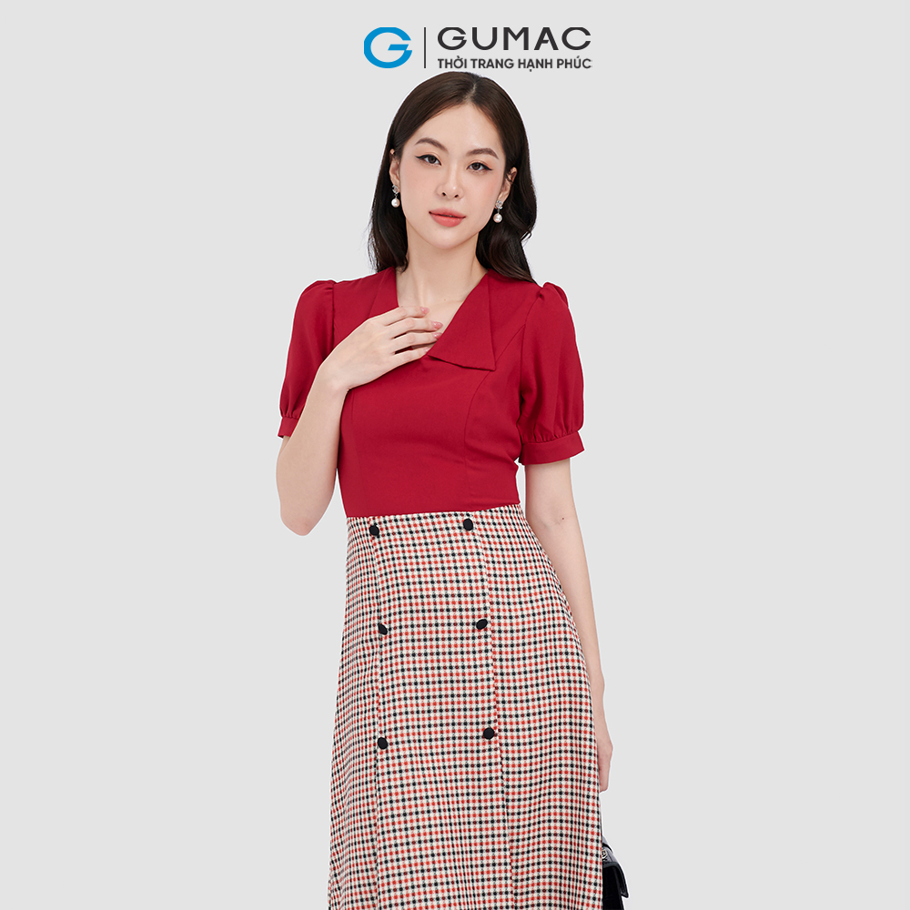 Đầm form A GUMAC LD1014 cổ bẻ phối nút thời thượng