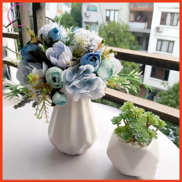Bình hoa mix nhân tạo tông hồng, xanh cao 28cm trang trí nhà cửa, cửa hàng, văn phòng, lớp học