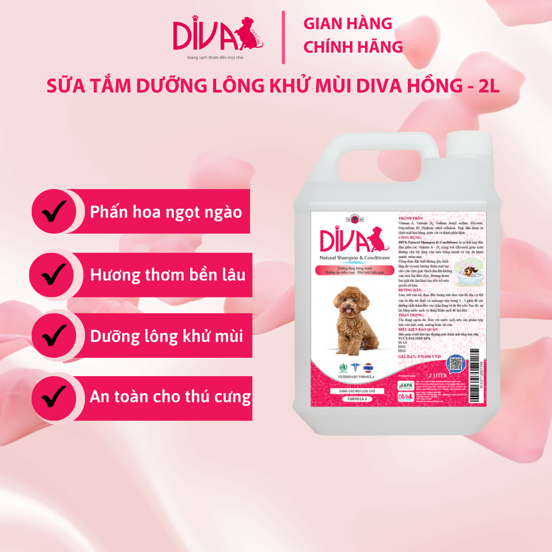 SỮA TẮM CHÓ DƯỠNG LÔNG KHỬ MÙI DIVA HỒNG 2L (DIVA FORMULA 2)